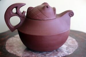 Vintage Chinese Yixing Zisha Fish Shaped Clay Teapot