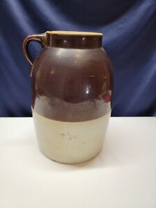 Vintage Brown And Beige Stoneware Crock Pitcher With Handle Gallon Salt Glazed