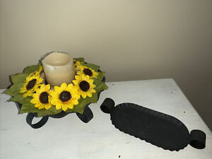 Primitive Sunflower Wreath Battery Operated Candle Tin Holder W Tray Set Tb5m