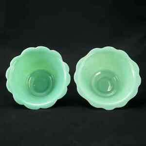 Antique Pair Of Chinese Peking Glass Foliate Rim Bowls Jade Color