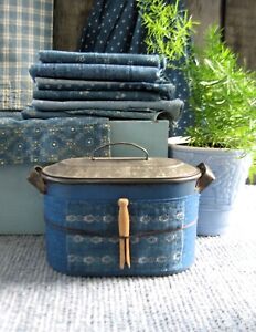 Antique Child S Toy Tin Laundry Wash Boiler 1890s Blue Calico Wood Clothespin