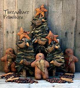 Pattern Primitive Gingerbread Man Doll Christmas Tree Ornies W Crows Stars