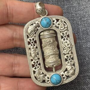 Chinese Old Jade Collection Miao Silver Inlaid Gemstone Pendant Dragon Pattern