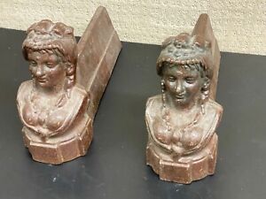 Antique Cast Iron Fireplace Andirons Ornate Art Deco Statues Woman Female Busts