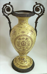 Vtg Chinese Export Style Porcelain Vase Urn Hand Painted Bronze Mounted 18 
