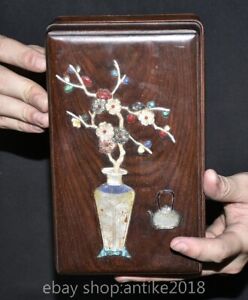 7 8 Old Chinese Ebony Wood Shell Dynasty Palace Peach Flower Vase Jewelry Box