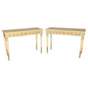 Pair Of Finely Carved Creme Painted Gilded French Louis Xvi Style Console Tables