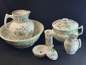 Tgb Thomas G Booth Clematis Pitcher Basin Soap Bedpan 9 Piece Set England 1800s