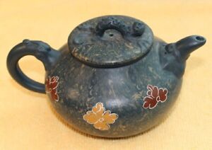  Small Blue Green Chinese Teapot With Lizard On The Lid Yixing Zisha 