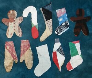 10 Primitive Antique Cutter Quilt Christmas Shapes Stockings Mittens Etc Lot 2
