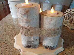 Birch Log Candle Holder Centerpiece 3 Logs Led Tea Lights Wooden Base 