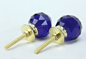 Cobalt Blue Diamond Cut Glass Door Knob Set Vintage Brass Hardware 2 Pcs