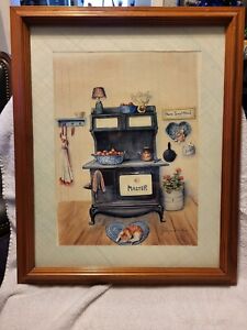 Antique Wood Stove Framed Folk Art Country Picture