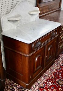 Antique Carved Walnut Wash Stand Or Dresser W Marble Top Back Drawer Cabinet