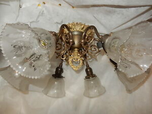 Large Brass Electric Chandelier Fixture Etched Shades Gas Era
