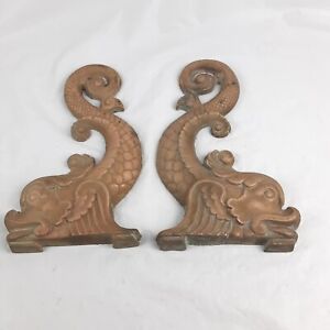 Antique Very Rare Heavy Brass Dolphin Koi Fireplace Decorative Pieces