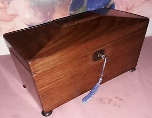 Antique Mahogany Tea Caddy 3 Sections With Mixing Bowl Working Lock Key