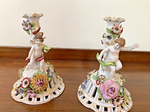 Von Schierholz Dresden Style Germany Figural Cupids Flowers Candlesticks Pair