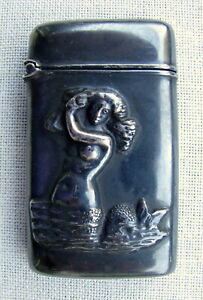 Antique 3 Dimensional Embossed Hand Made Sterling Silver Nude Mermaid Match Safe