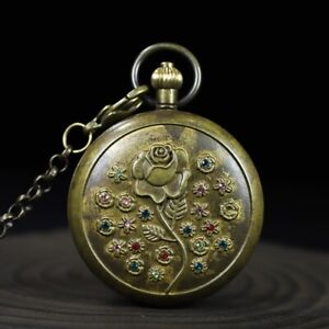 Mechanical Clock Horologe Bronze Double Open Rose Flower Pocket Watch G18