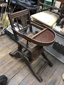 Antique Wooden Hitchcock Baby High Chair Walker Combo Original Cane Seat L K