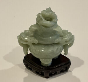 Chinese Green Jade Hand Carved Incense Burner Three Footed W Original Box