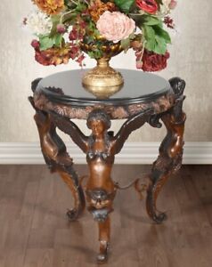 Neoclassical Three Winged Ladies Bronze Marble Top Accent Side Table 31 5 H