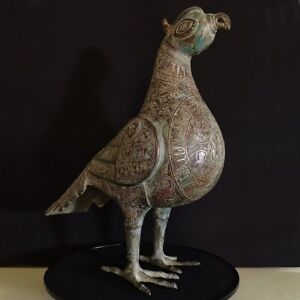 Khorasan Islamic Bronze Incense Burner Silver Inlaid Bird Calligraphic