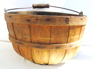 Antique Oak Wood Stave Gathering Basket Wood Bottom Wire Bail Handle 12 1 4 W
