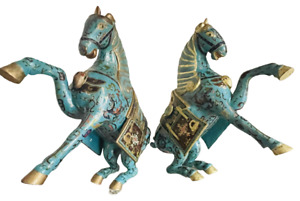 Tang Horse Pair Chinese Cloisonne Gilt Hand Painted Vintage Teak Figurines 15in