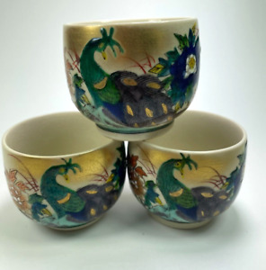 Kutani Sake Tea Cup Bowl Peacock 6 Oz Japan Mark Set Of 3 Vintage Mug B28