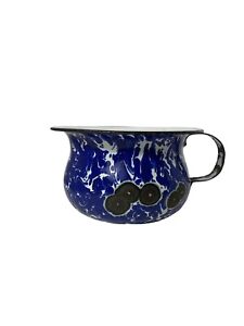 Vintage Graniteware Enamelware Chamber Pot With Handle Cobalt Blue Swirl Flaws