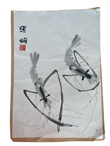 Chinese Old Calligraphy Painting Qi Baishi Shrimp Rice Paper Singed