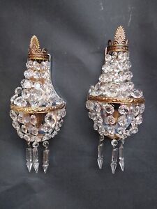 Vintage Pair Of French Empire Brass Crystal 1 Light Sconces Wall Lights