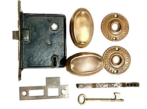 Antique Mortise Lockset Brass Knobs Rosettes 1 Working Key 1 Strike Plate