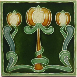 Art Nouveau Majolica Tile Green Triple Tulips Henry Richards Tile Co C1905 Ae2