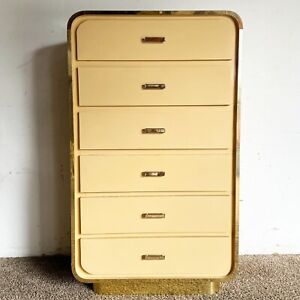 Postmodern Flesh Lacquer Laminate Waterfall Highboy Dresser With Gold Accents
