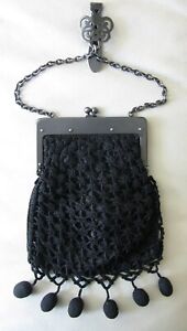 Antique Silver Gun Metal Floral Belt Clip Frame Black Crochet Tassel Kilt Purse