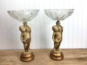 Pair Vintage Nude Cherubs Ceramic Pedestal Compote Glass Bowls Center Piece