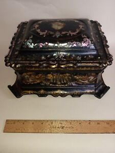 Antique Paper Mache Sewing Box Spectacular Design Circa 1845 English 
