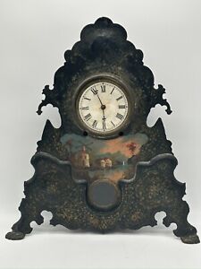 Rare American Clock Company Cast Iron Front Painted Gilt Working Mantle 1800s