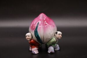 Chinese Vintage Antique Hand Painted Famille Rose Three Child Holding A Peach