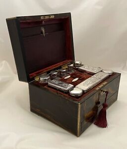 Antique Victorian Coromandel Dressing Box W Jars Lids Accessories Elegant Gift