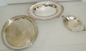 Lot Of 3 Silver Plated Tray Vintage Gorham Round Oval Shape Footed