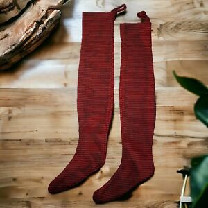 Primitive Christmas Stockings Pair Red Tan Stripes Ticking Handmade