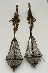 Antique Bronze French Crystal Beaded Chandelier Wall Sconce Pair Bag Balloon
