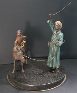 Austrian School Cold Painted Bronze Of Arab W Monkey Riding Donkey Early 20th C 