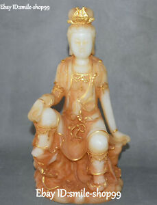 13 Natural Jade Gilt Carving Seat Guanyin Quan Yin Kwan Yin Goddess Statue