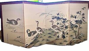 Japanese 4 Panel Signed Vintage Folding Screen Painting Area Divider 
