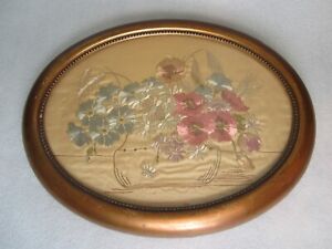 Antique 1800 S Chinese Silk Floral Hand Embroidery Panel Framed 18 X 14 